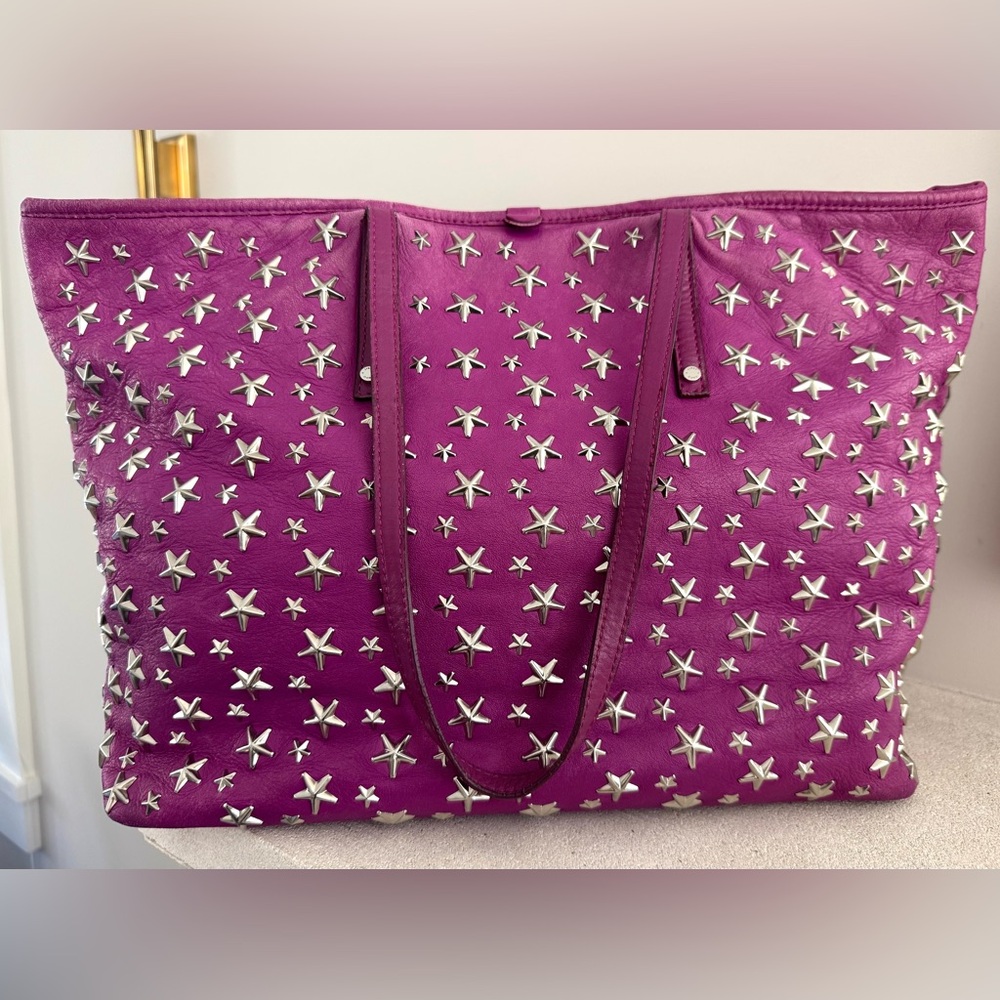 JIMMY CHOO Star Studded Pink Magenta Fushia Leather Tote Large Shoulder Bag - Picture 2 of 12
